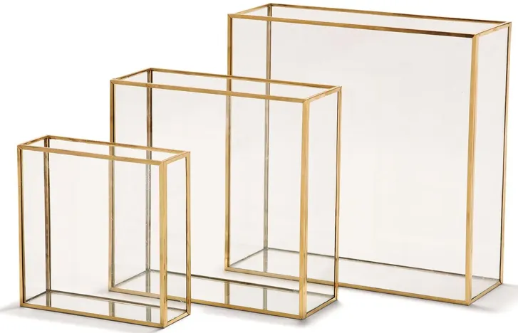 S/3 Windows Square Vase W/Gold Metal Trim in 3 Sizes