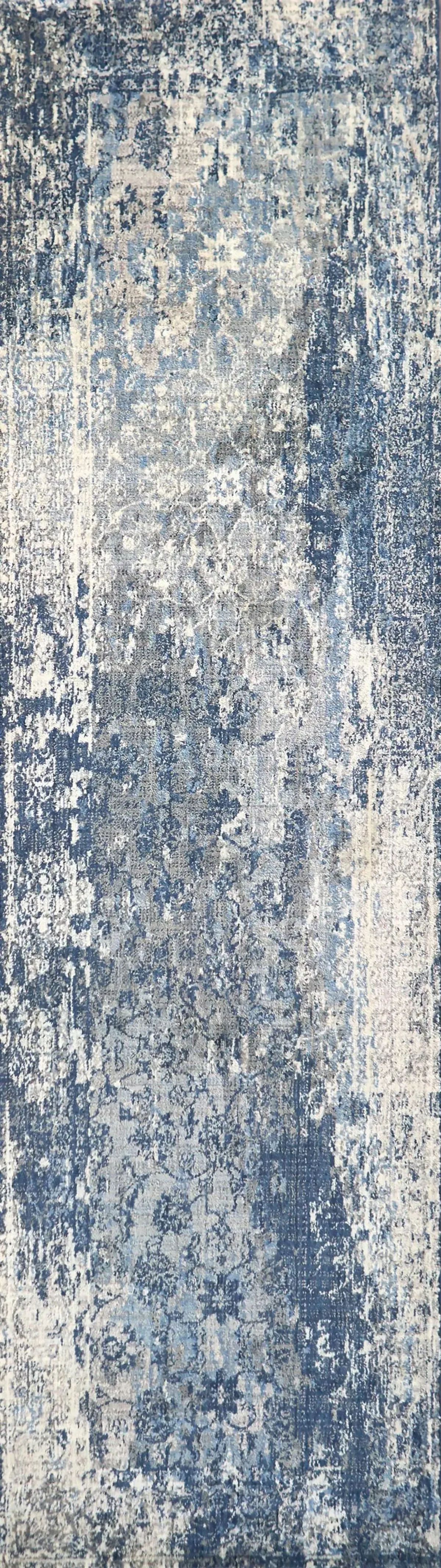 Gossamer Blue Floral Distress 100% New Zealand Wool 2'6" x 8' Runner Rug