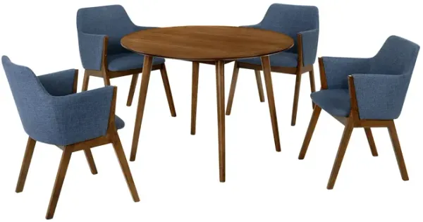 Arcadia and Renzo 42" Round Blue and Walnut Wood 5 Piece Dining Set