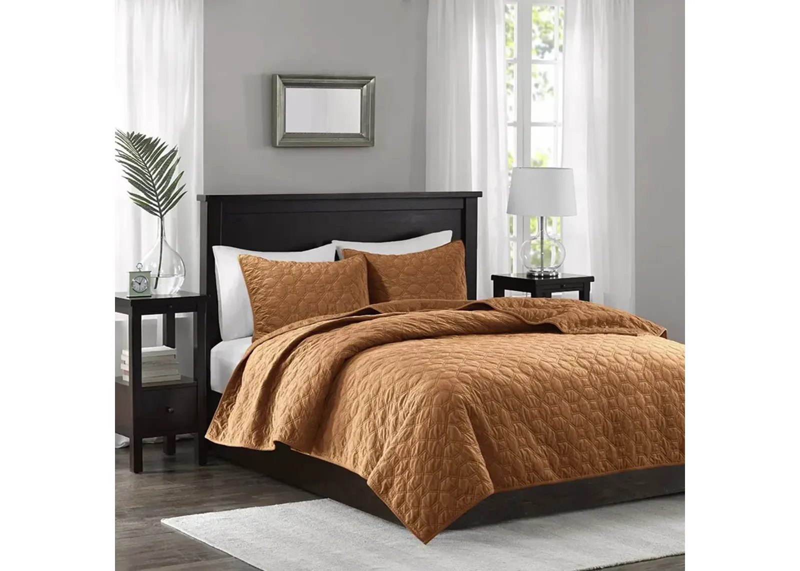 Madison Park Harper Rust 3 Piece Velvet Quilt Set