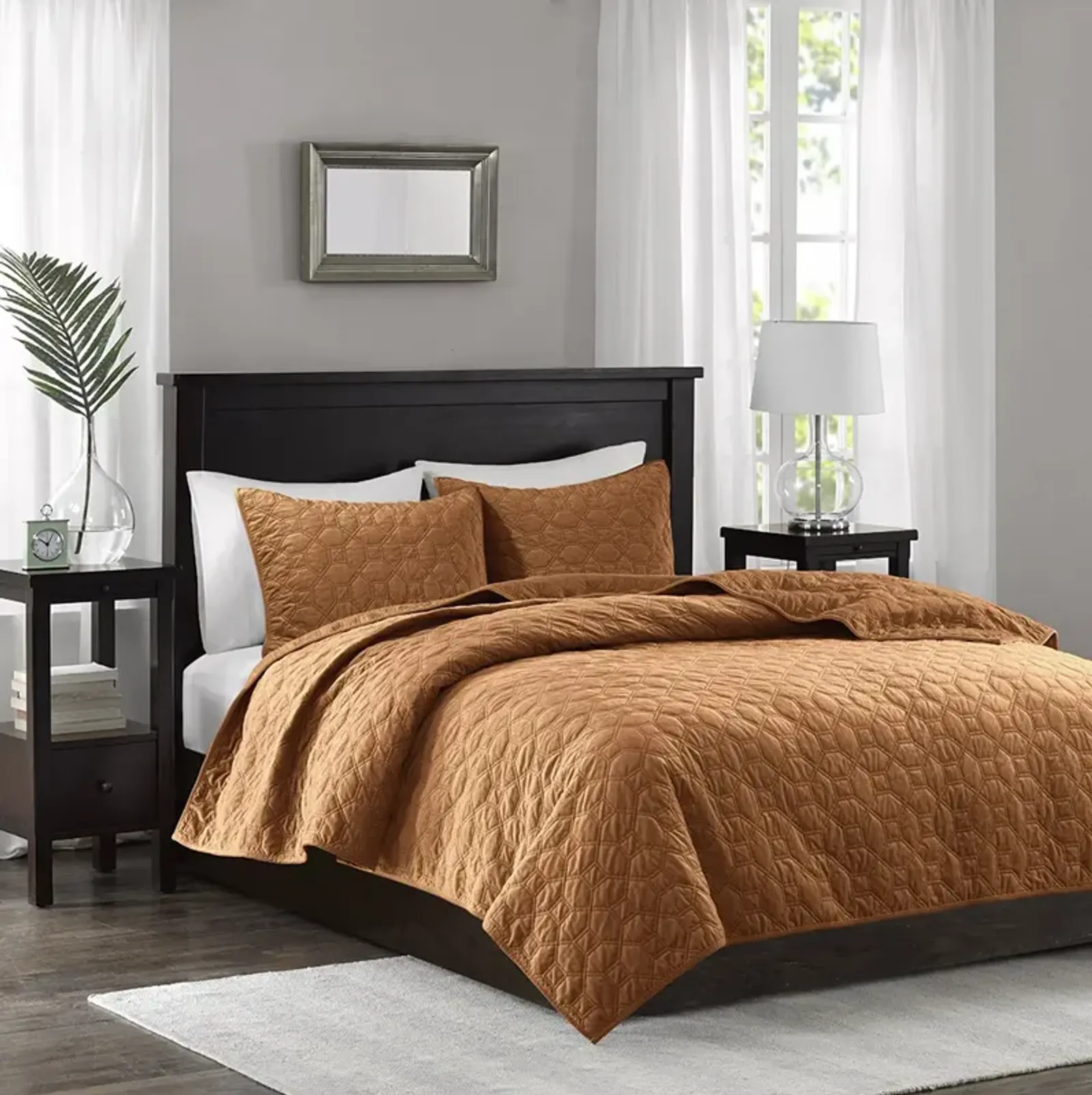 Madison Park Harper Rust 3 Piece Velvet Quilt Set