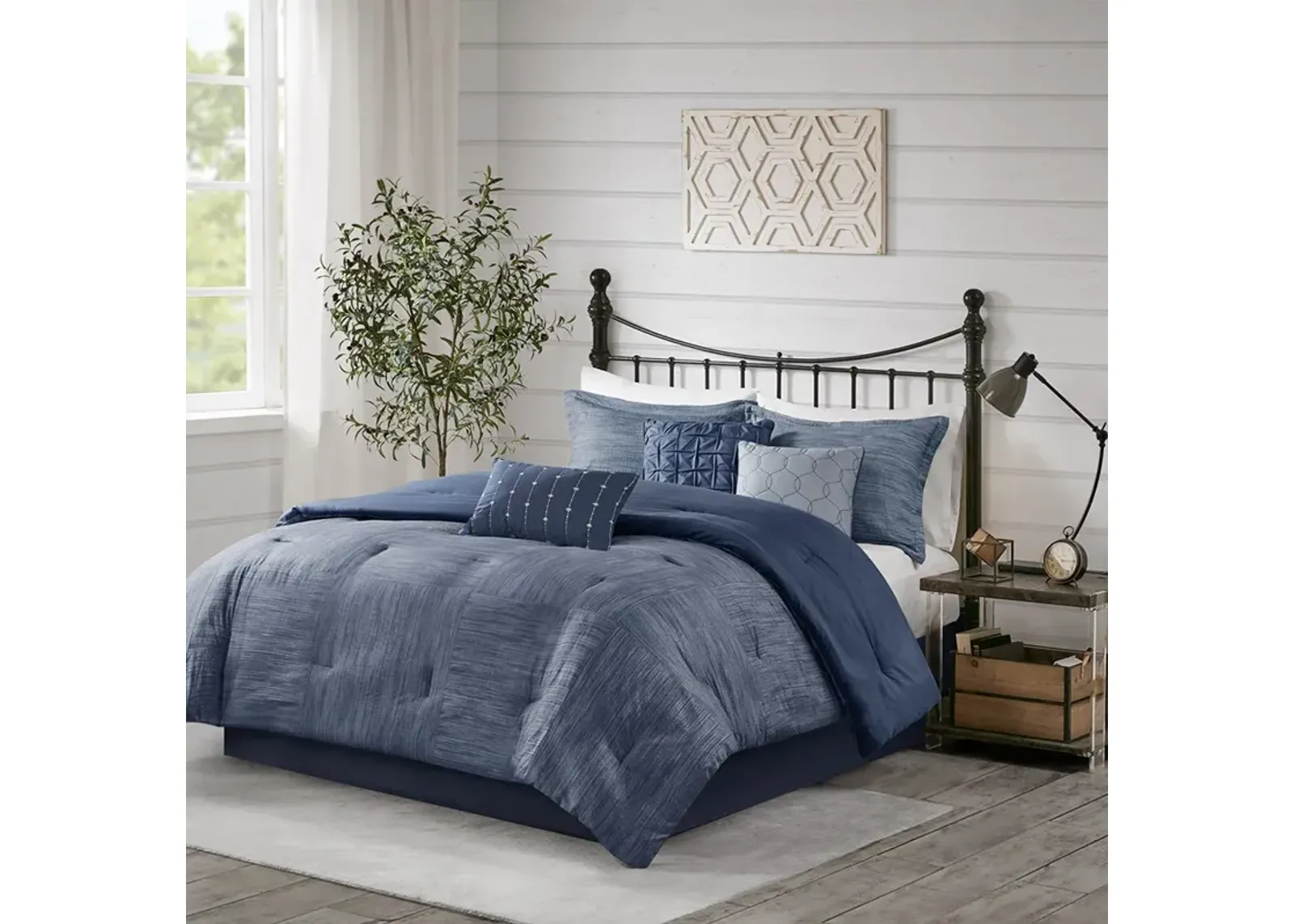 Madison Park Walter Navy 7 Piece Printed Seersucker Comforter Set