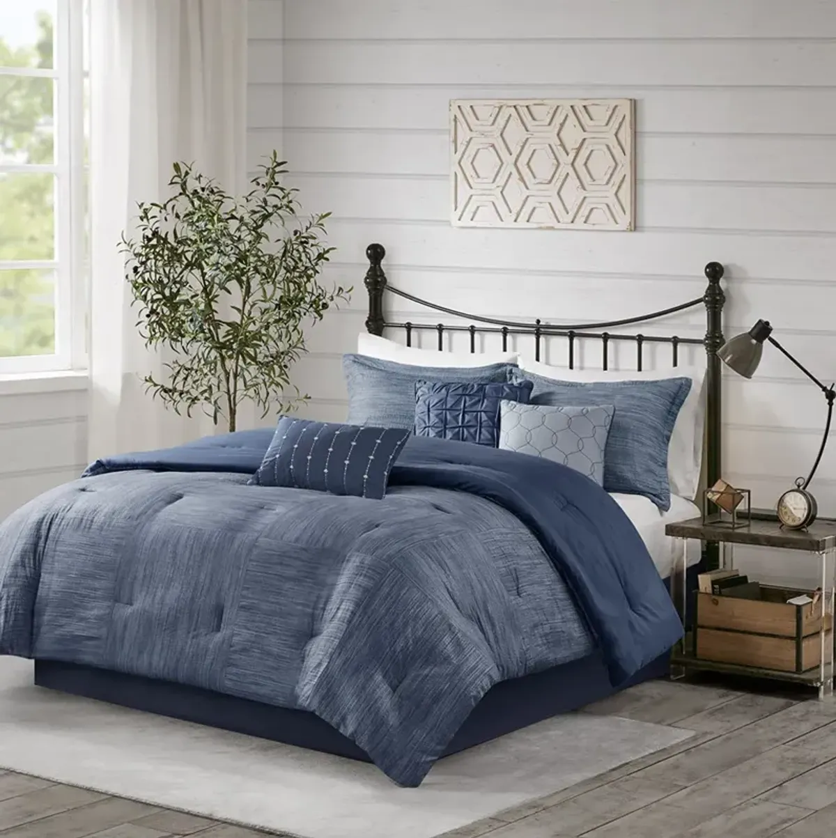 Madison Park Walter Navy 7 Piece Printed Seersucker Comforter Set