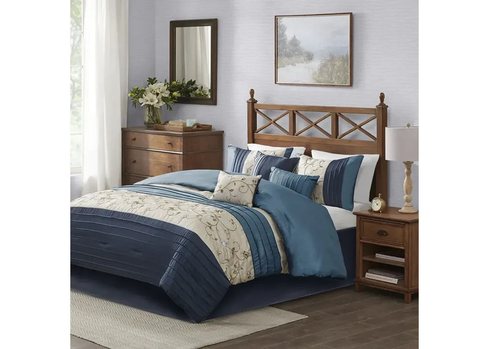 Madison Park Serene Navy Embroidered 7 Piece Comforter Set