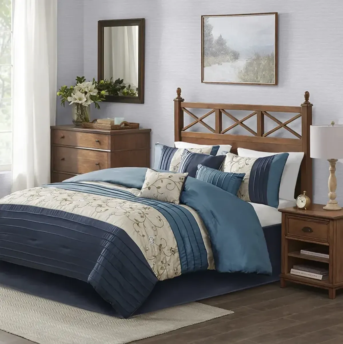 Madison Park Serene Navy Embroidered 7 Piece Comforter Set