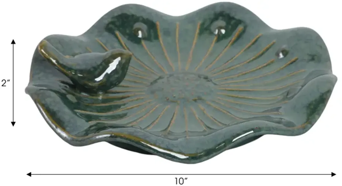 10x2" Flower Birdbath With Perched Bird, Green