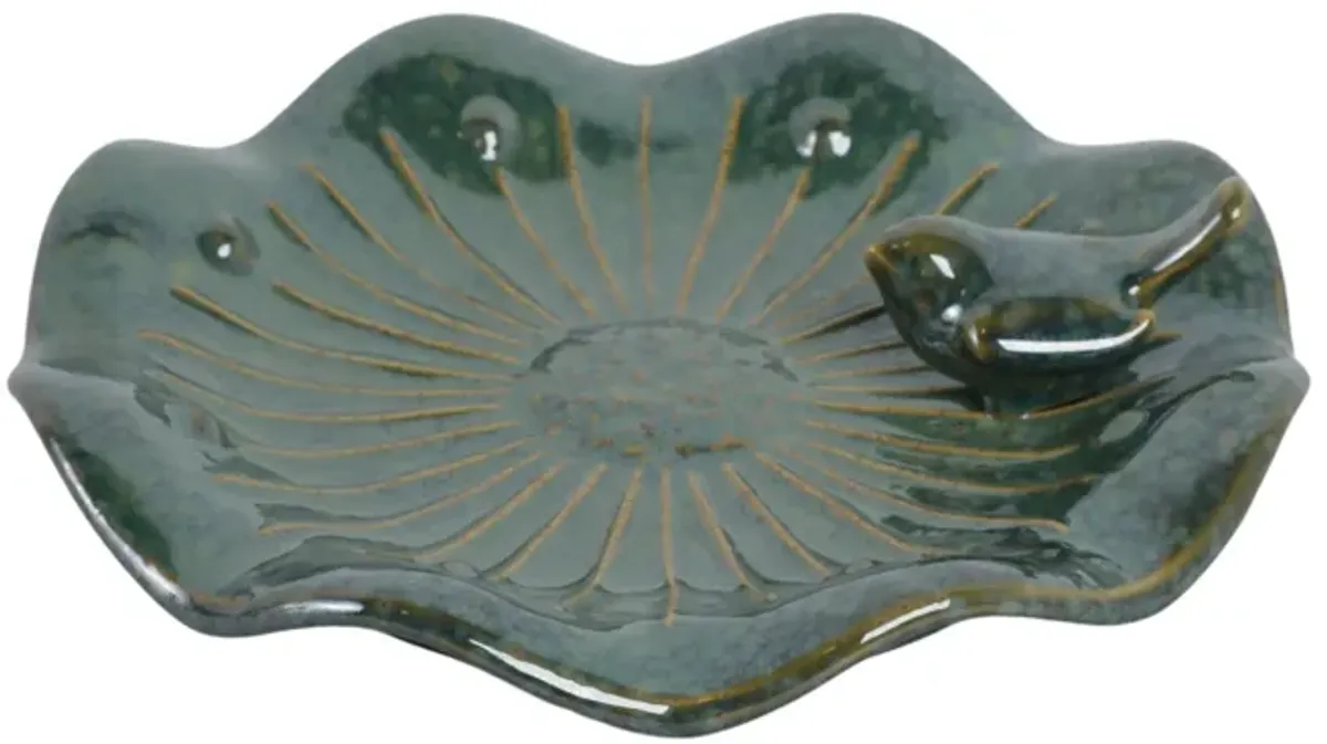 10x2" Flower Birdbath With Perched Bird, Green