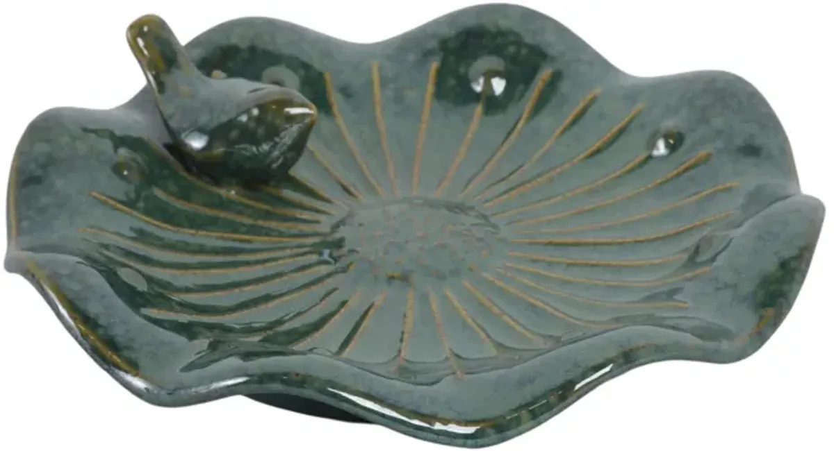 10x2" Flower Birdbath With Perched Bird, Green