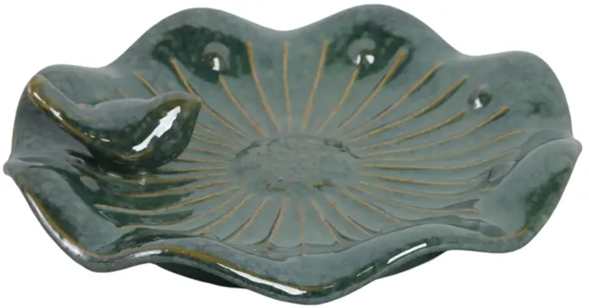 10x2" Flower Birdbath With Perched Bird, Green