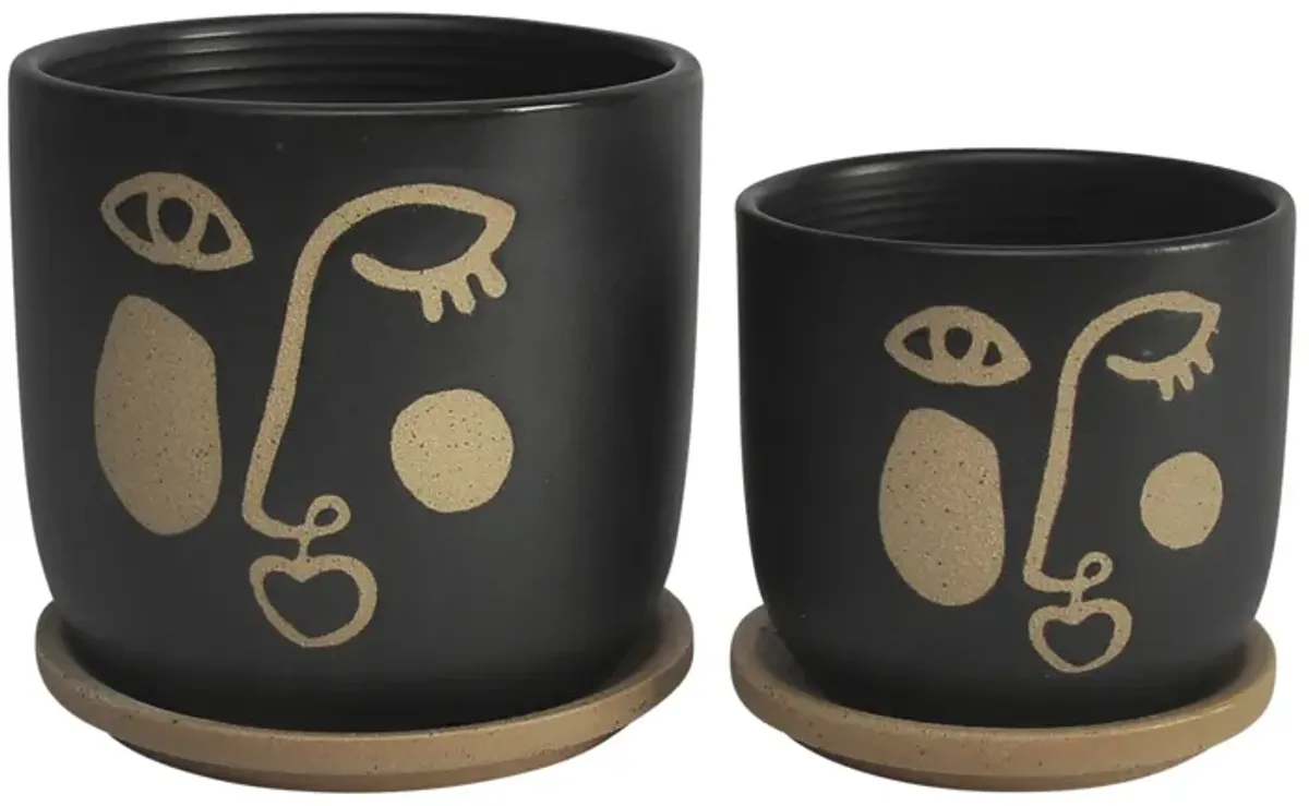 S/2 5/6" Funky Face Planter W/ Saucer, Black