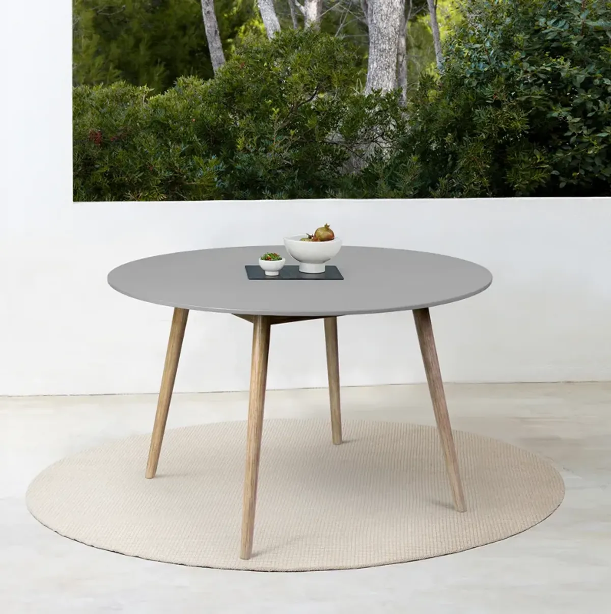 Sydney Outdoor Patio Round Dining Table in Light Eucalyptus and Gray Stone