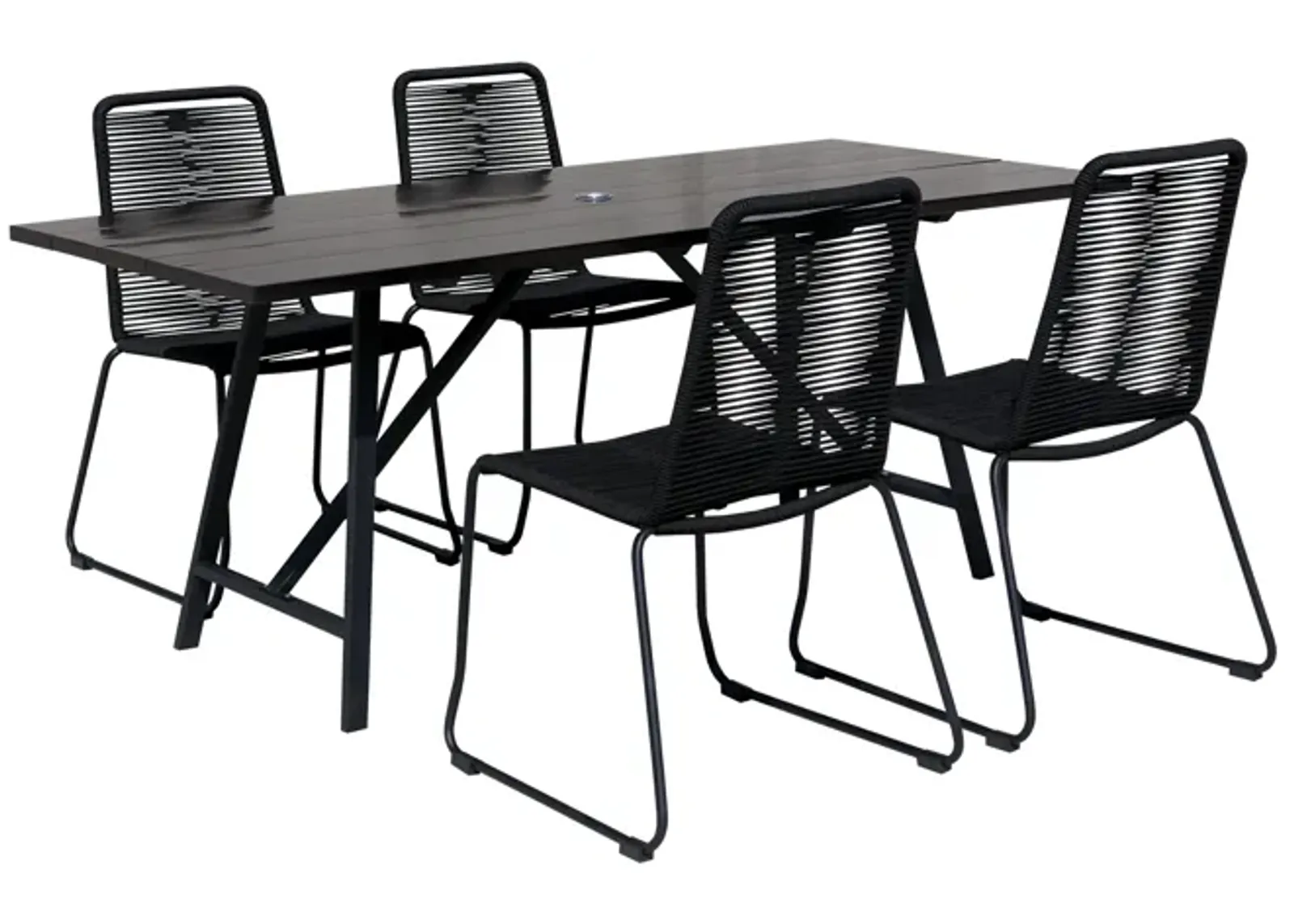 Koala and Shasta 5 Piece Dining Set in Dark Eucalyptus and Metal with Black Rope