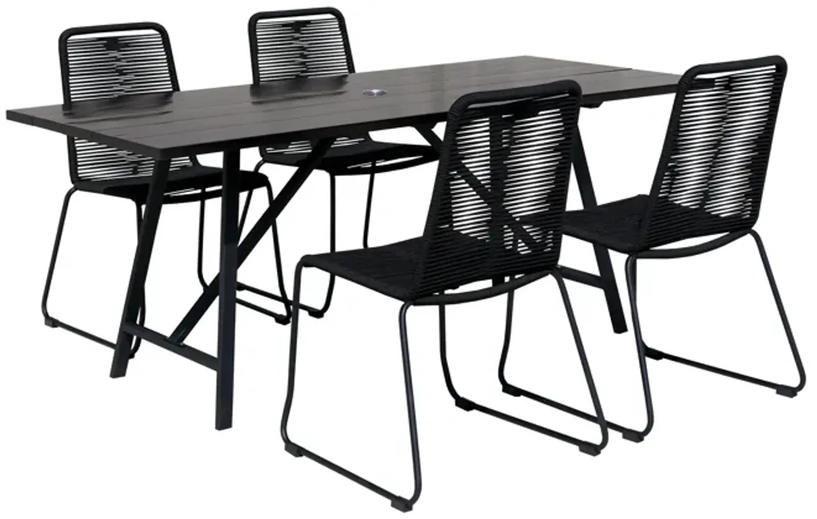 Koala and Shasta 5 Piece Dining Set in Dark Eucalyptus and Metal with Black Rope