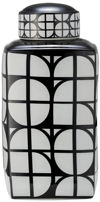 Cer, 18"h Square Jar W/ Lid, Black/white