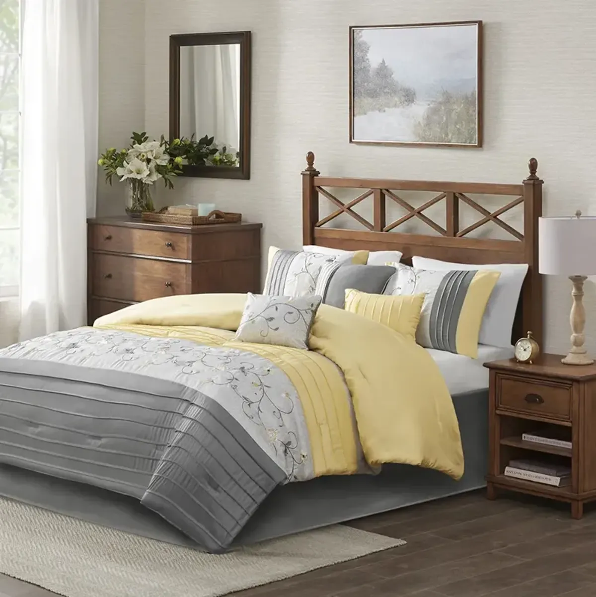 Madison Park Serene Yellow Embroidered 7 Piece Comforter Set