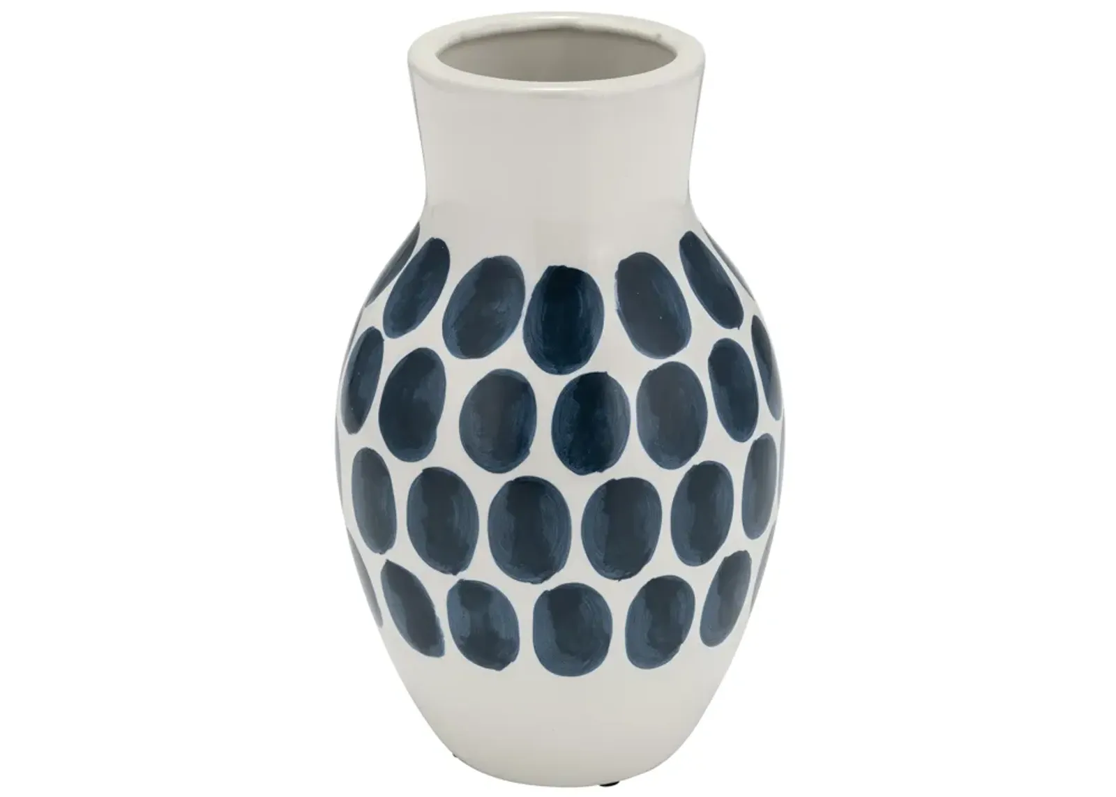 Cer, 10"h Navy Polk-a-dot Flower Vase, White