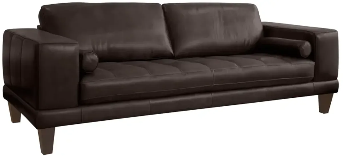 Wynne Contemporary Sofa in Genuine Espresso Leather with Brown Wood Legs