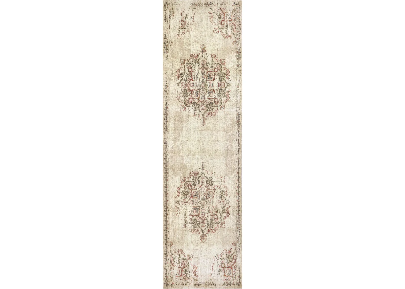 Gossamer Beige Medallion Distress 100% New Zealand Wool 2'6" x 10' Runner Rug