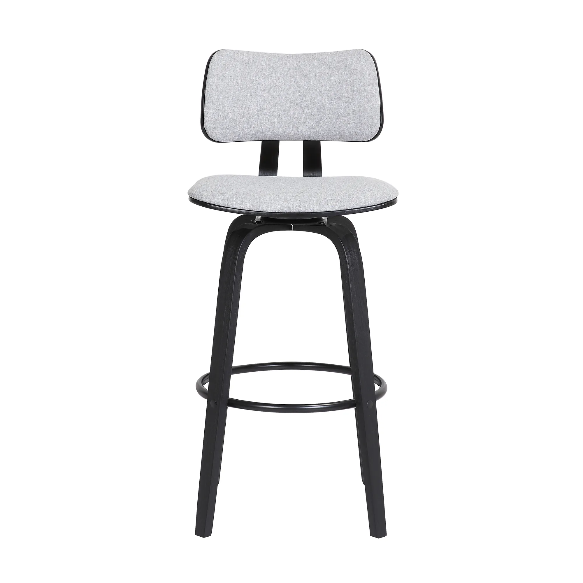 Pico 30" Swivel Black Wood Bar Stool in Light Gray Fabric with Black Metal