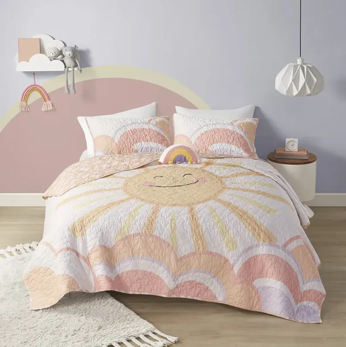 Urban Habitat Kids Dawn Yellow/Coral Reversible Sunshine Printed Cotton Quilt Set with Throw Pillow