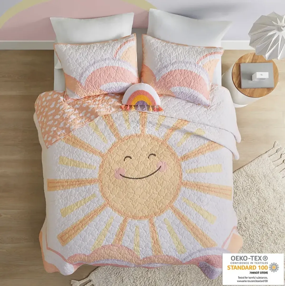 Urban Habitat Kids Dawn Yellow/Coral Reversible Sunshine Printed Cotton Quilt Set with Throw Pillow