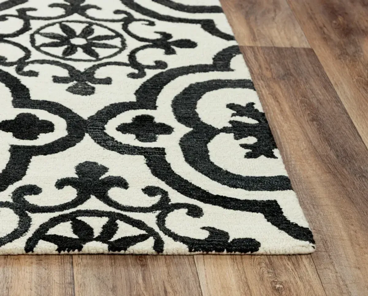 Matrix Black/White Scroll Wool/Recycled Polyester 7'6" x 9'6" Rectangle Rug