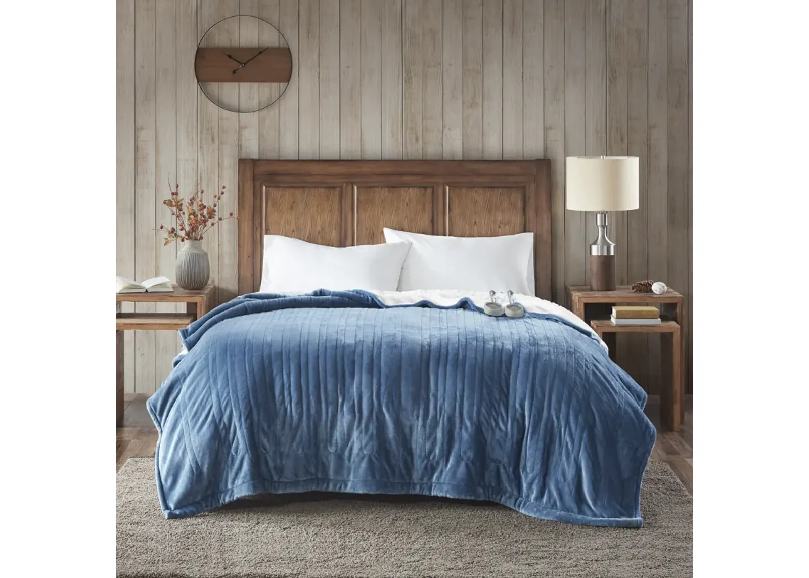 Woolrich Heated Plush to Berber Sapphire Blue Blanket