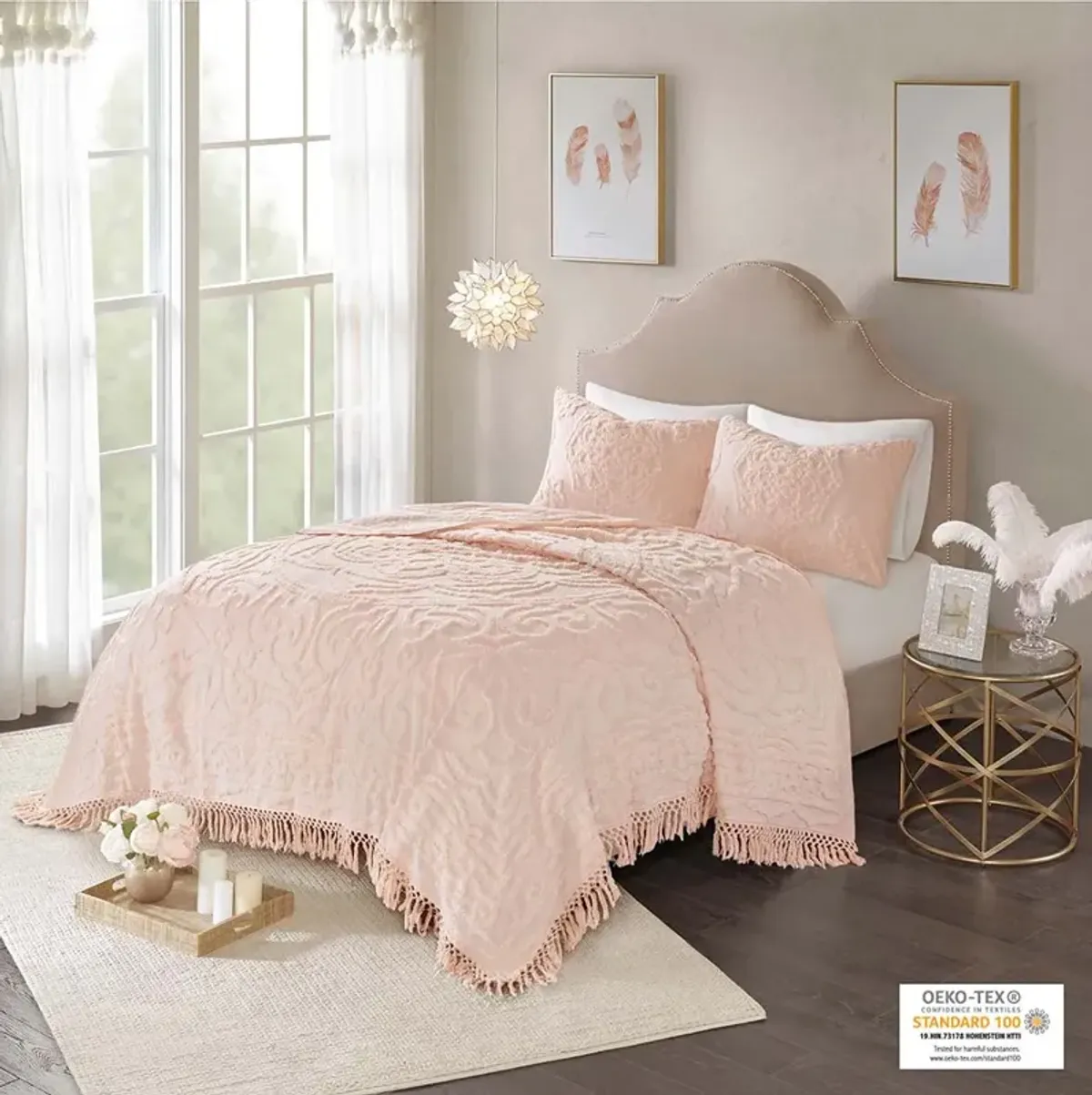 Madison Park Laetitia Blush Tufted Cotton Chenille Medallion Fringe Coverlet Mini Set