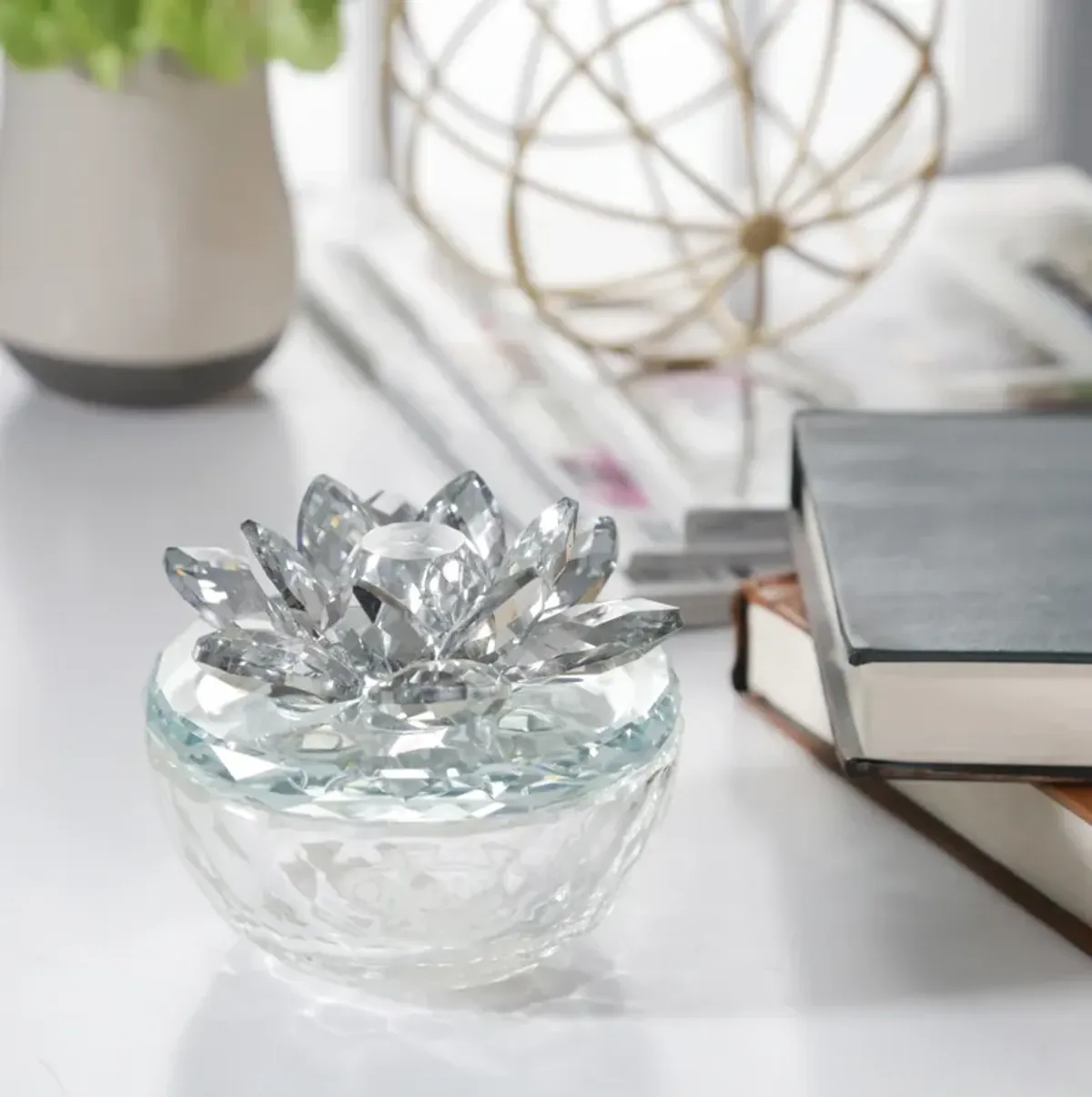 Glass Trinket Box Clear W/silver Lotus Top