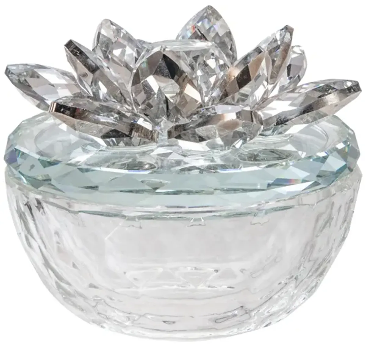 Glass Trinket Box Clear W/silver Lotus Top