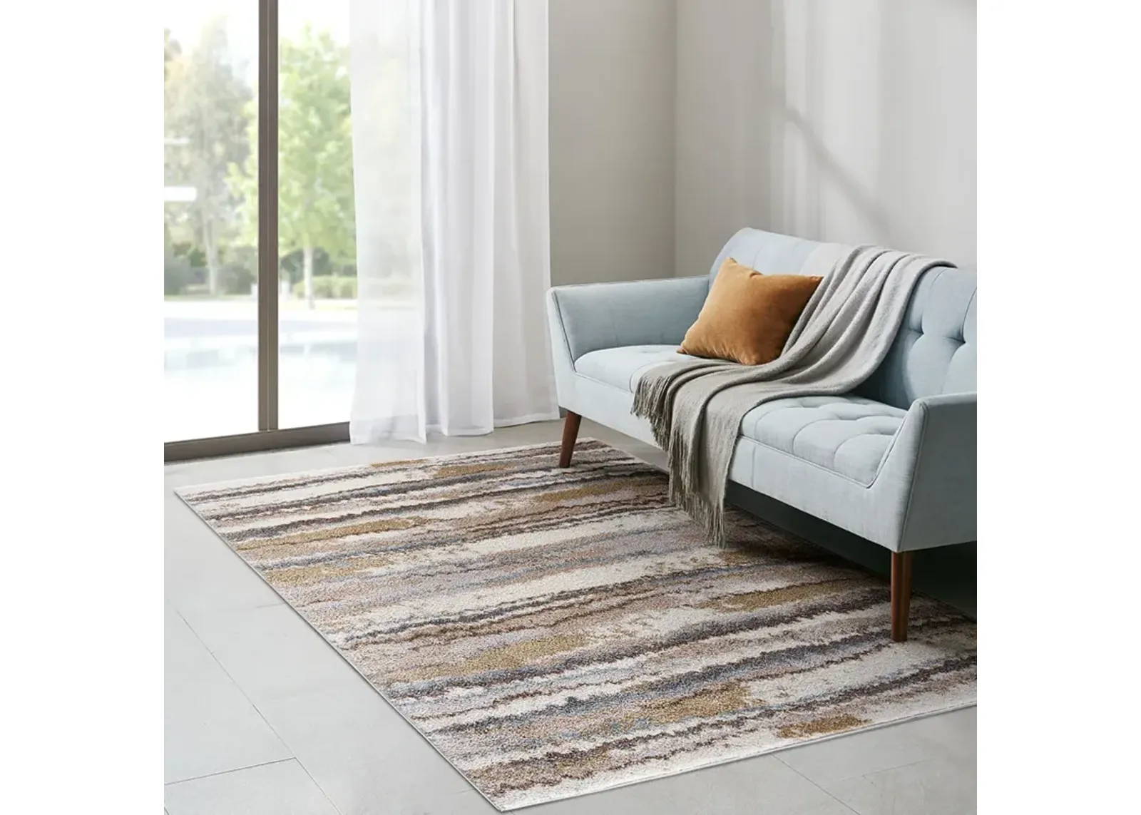 Madison Park Riley Blue/Tan Watercolor Abstract Stripe Woven Area Rug