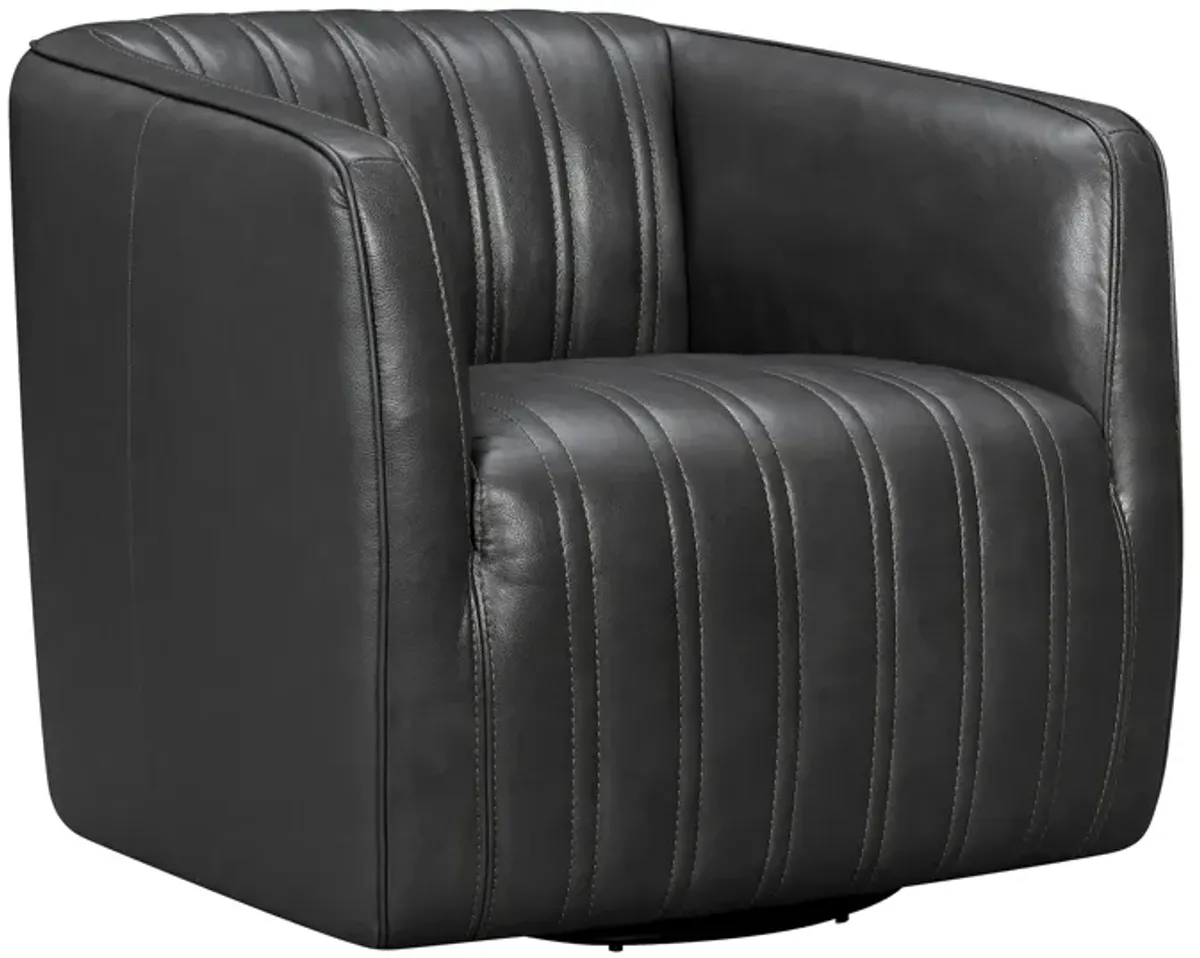 Aries Pewter Genuine Leather Swivel Barrel Chair