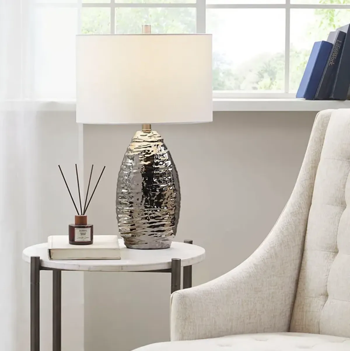 Hampton Hill Livy Silver Base/White Shade Oval Textured Ceramic Table Lamp