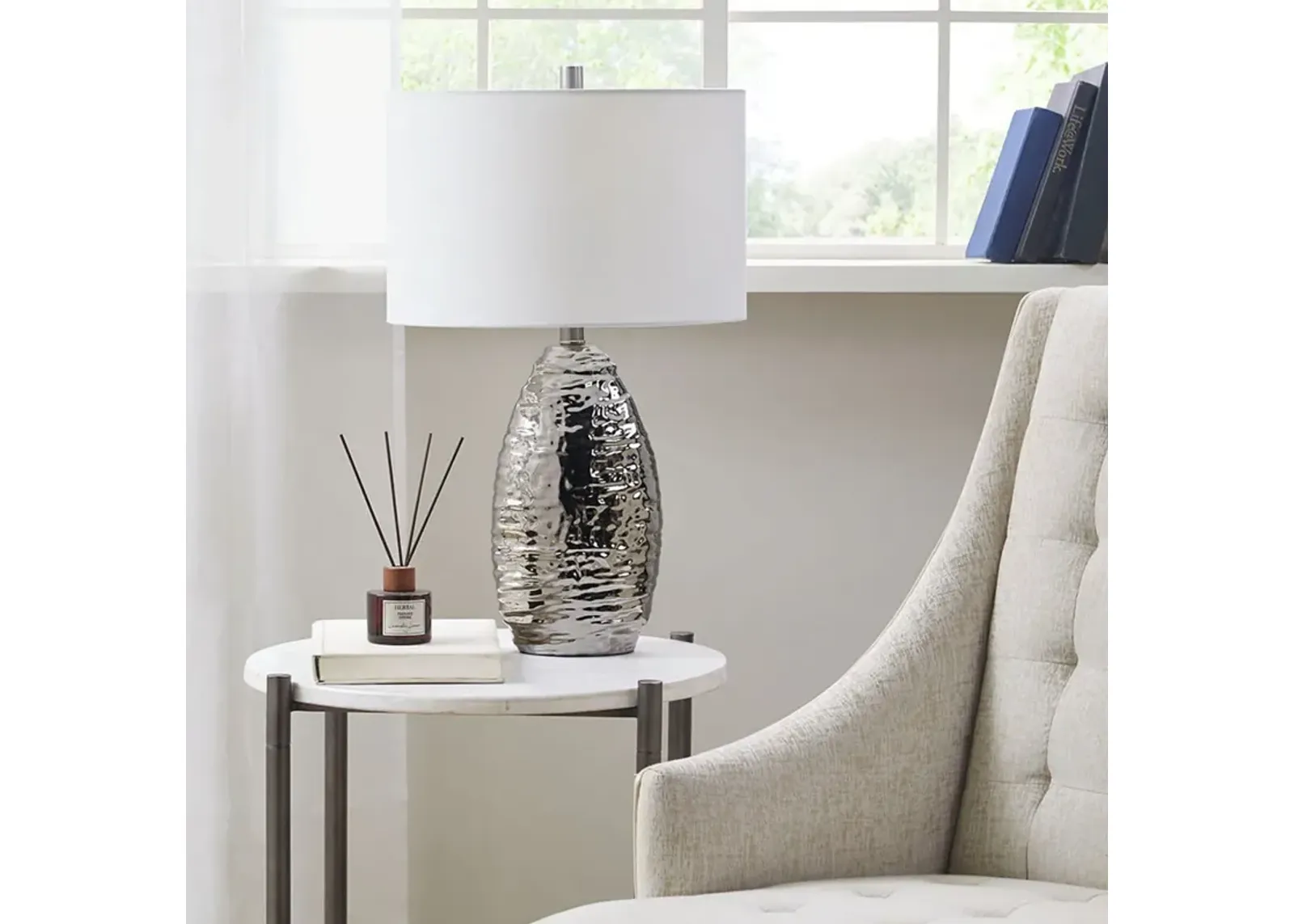 Hampton Hill Livy Silver Base/White Shade Oval Textured Ceramic Table Lamp