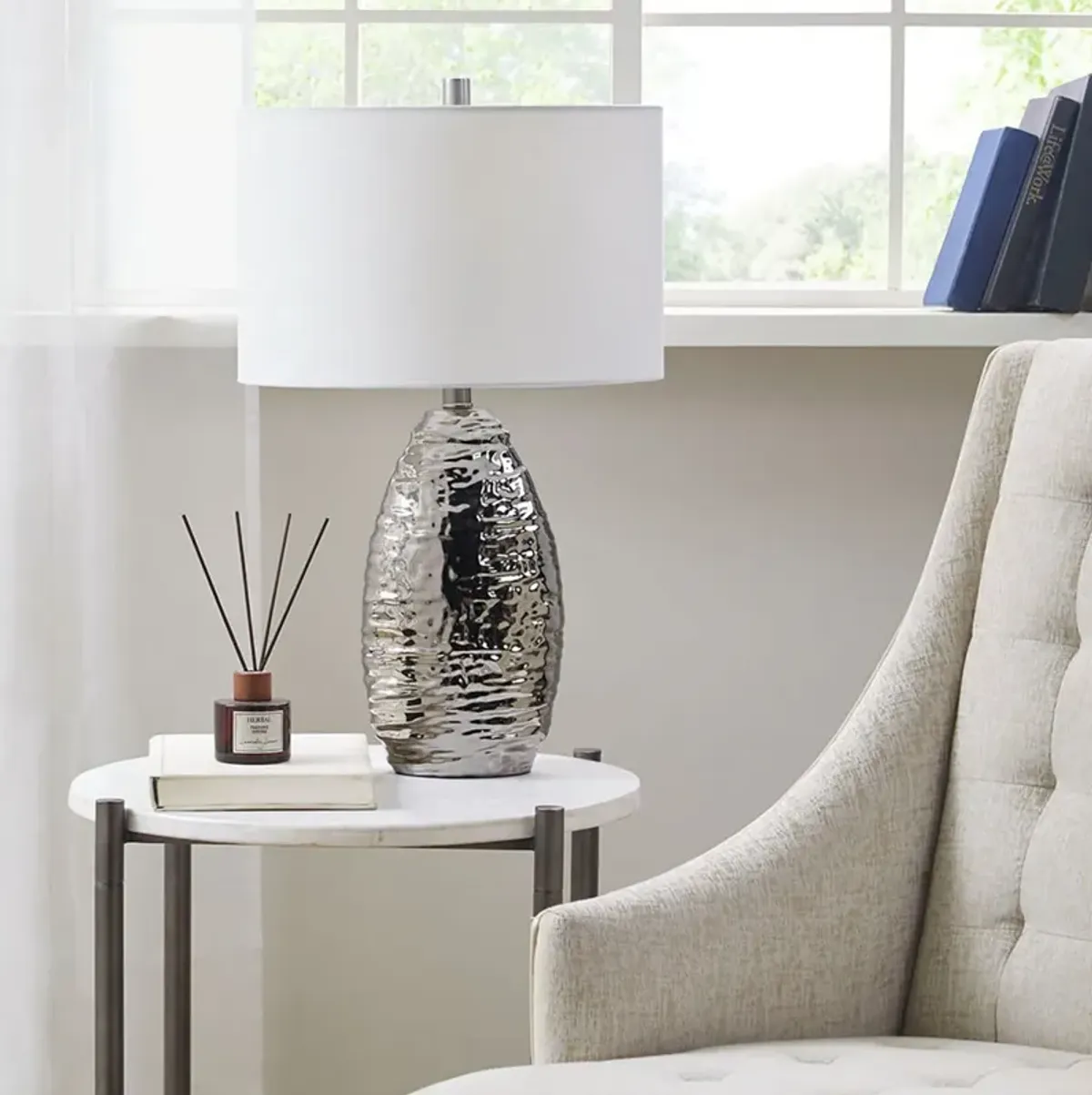 Hampton Hill Livy Silver Base/White Shade Oval Textured Ceramic Table Lamp