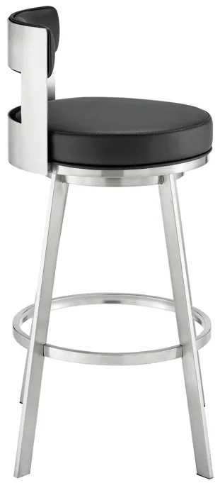 Lynof Swivel Counter Stool in Brushed Stainless Steel with Black Faux Leather