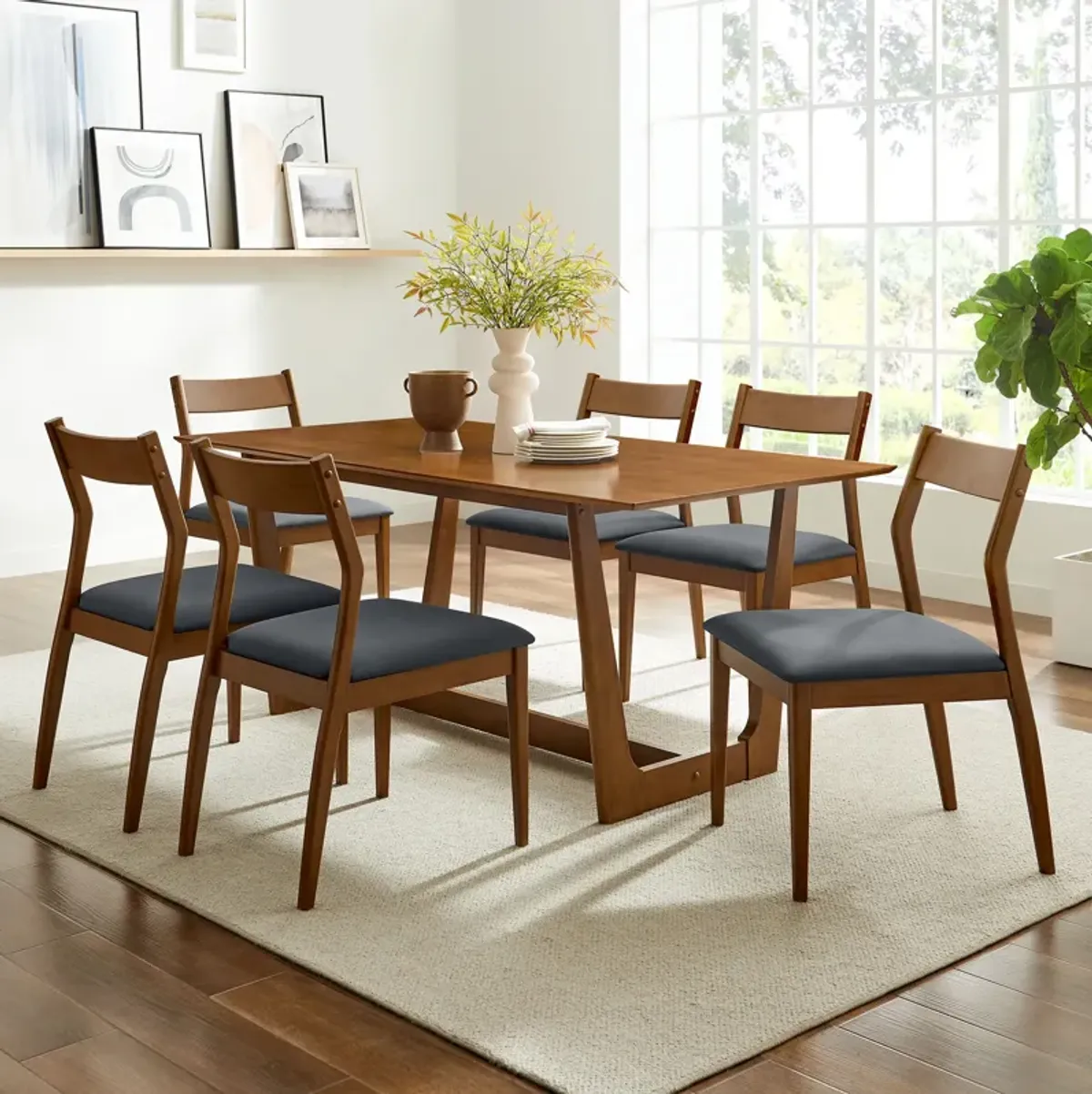 Solara 7-Piece Wood Dining Set with Vegan Leather Side Chairs by Modway