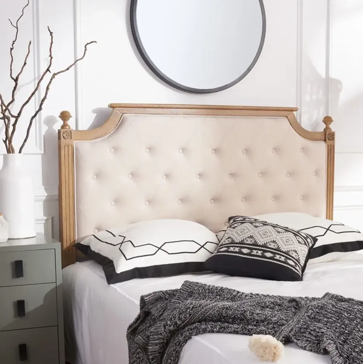 Rustic Wood Beige Tufted Linen Full Headboard