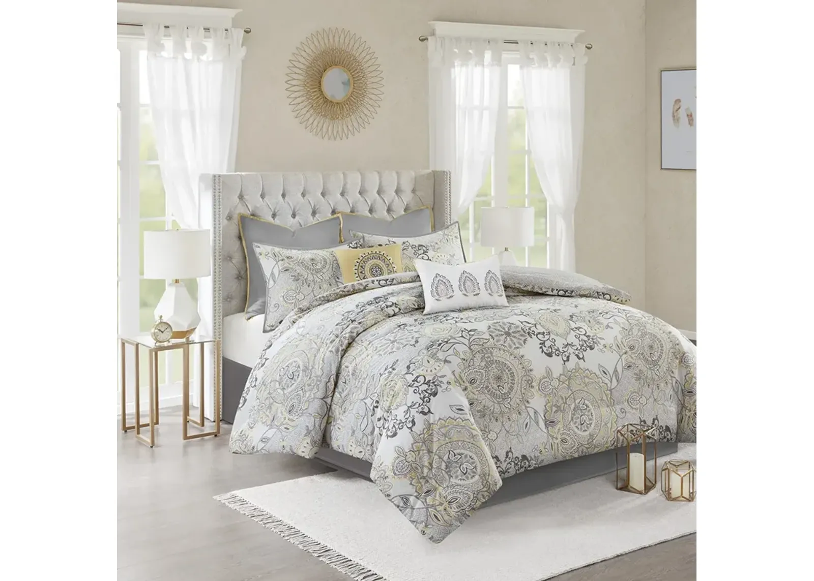 Madison Park Isla Yellow 8 Piece Cotton Floral Printed Reversible Comforter Set