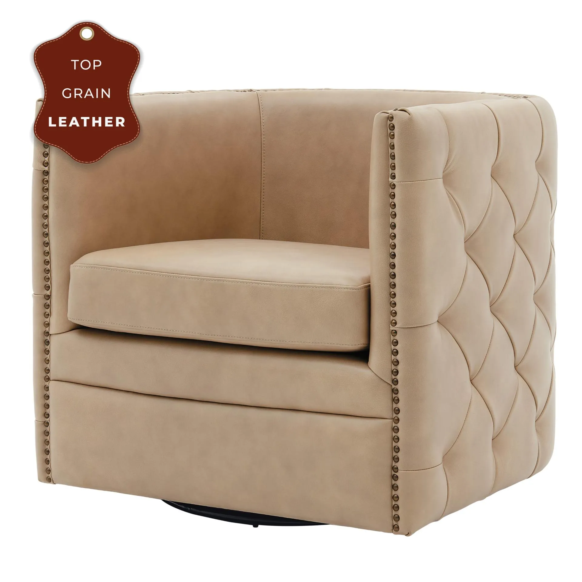 Leslie Top-Grain Leather Swivel Tufted Tub chair