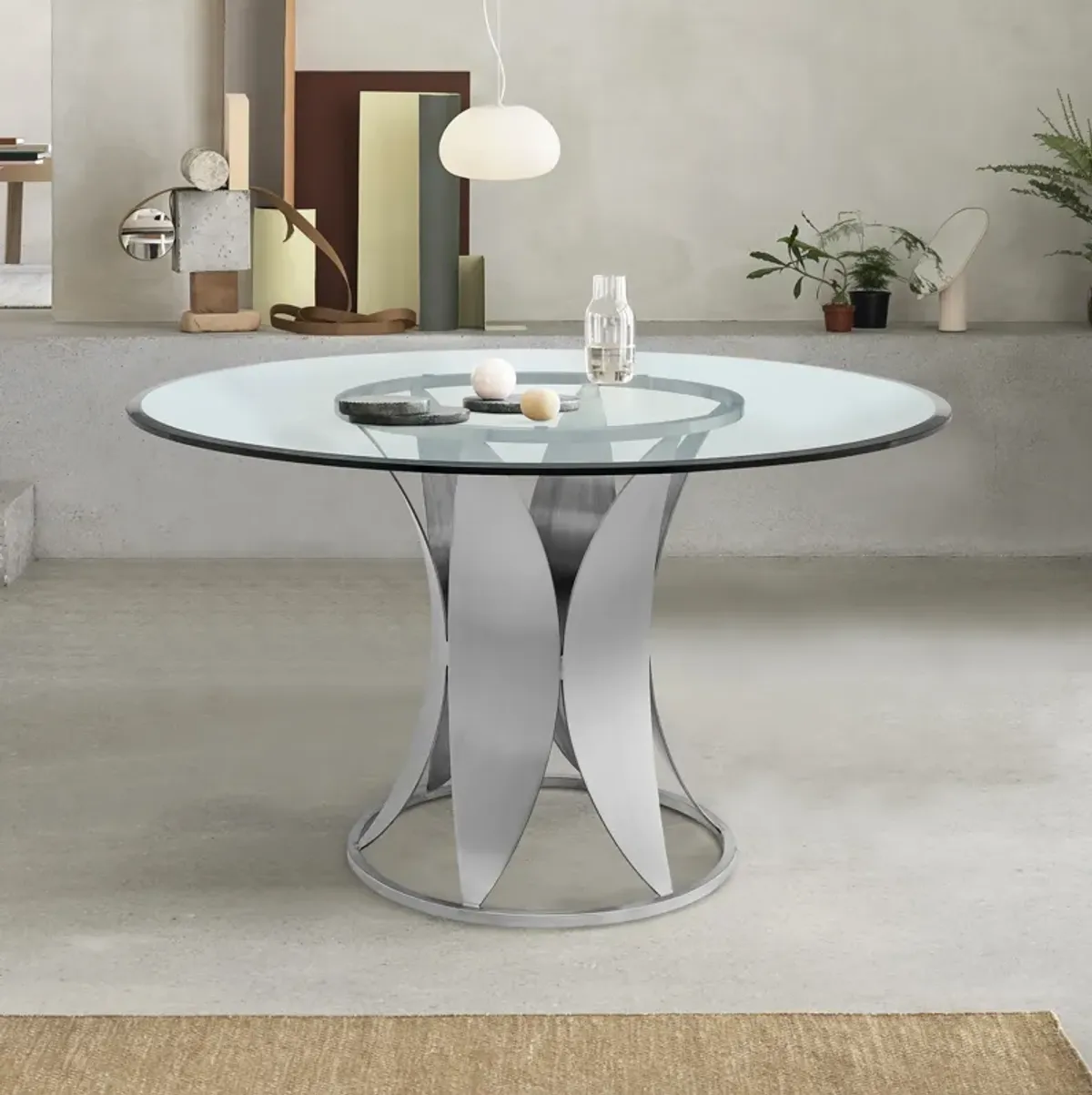 Petal Modern Glass and Stainless Steel Round Pedestal Dining Table