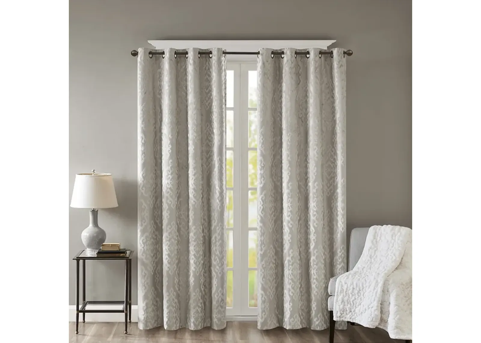 SunSmart Mirage Silver Knitted Jacquard Damask Total Blackout Grommet Top Curtain Panel