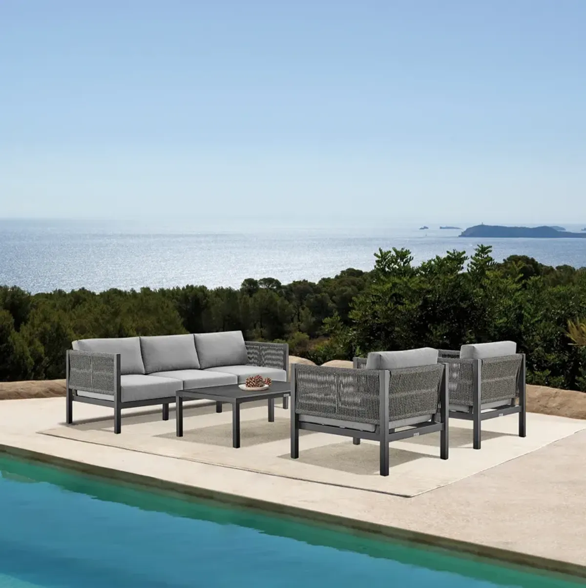 Cuffay 4 Piece Outdoor Patio Furniture Set in Black Aluminum and Rope with Gray Cushions