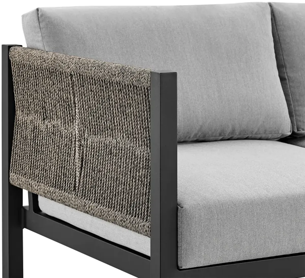 Cuffay 4 Piece Outdoor Patio Furniture Set in Black Aluminum and Rope with Gray Cushions