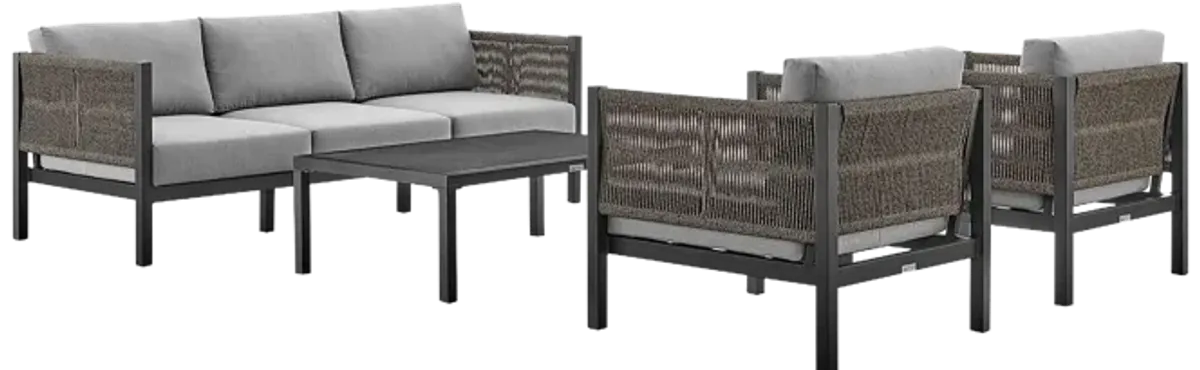 Cuffay 4 Piece Outdoor Patio Furniture Set in Black Aluminum and Rope with Gray Cushions