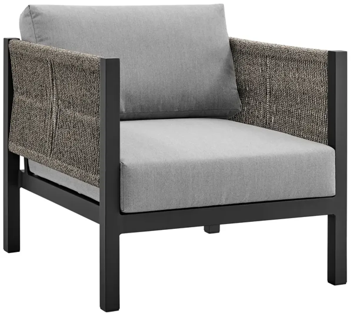 Cuffay 4 Piece Outdoor Patio Furniture Set in Black Aluminum and Rope with Gray Cushions