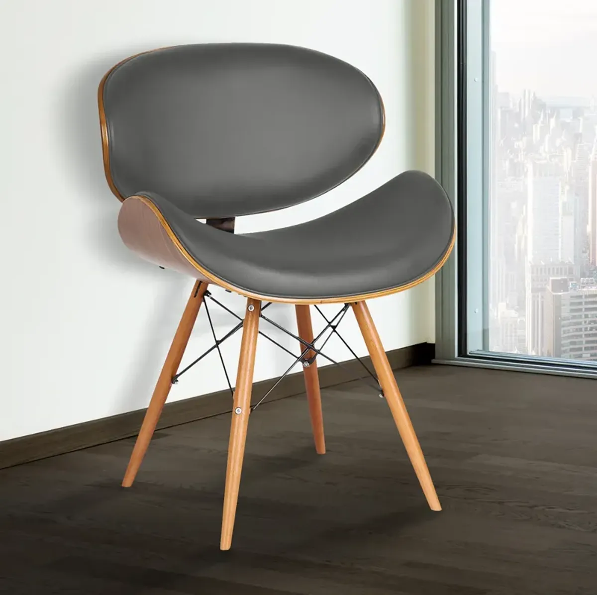 Cassie Mid-Century Dining Chair in Walnut Wood and Gray Faux Leather