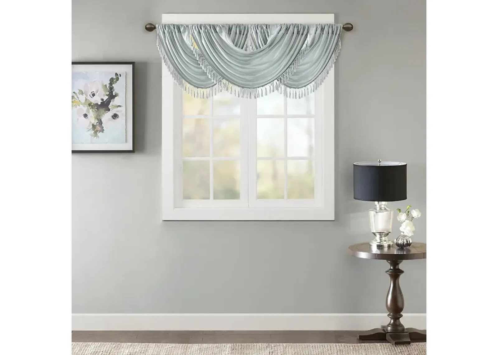 Madison Park Elena Dusty Aqua Faux Silk Waterfall Embellished Valance