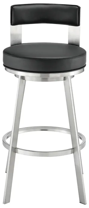 Lynof Swivel Bar Stool in Brushed Stainless Steel with Black Faux Leather