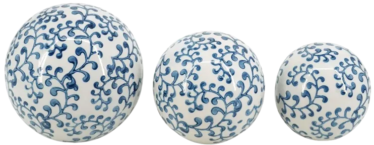 Cer, Chinoiserie Fern Orbs, 4/5/6" Blue/wht - Set of 3